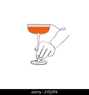 Hand hält ein Glas mit Cocktail. Eine durchgehende Linie. Handgezeichnete Vektorgrafik. Stock Vektor