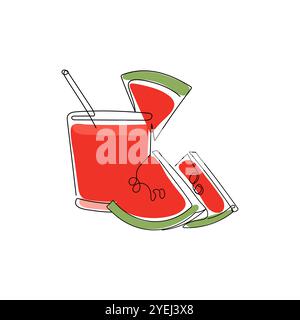 Ein Glas frischer Wassermelonensaft. Rote, weiche Beerenobst. Hand gezeichnete Vektor-Illustration von Obst und Saft in minimalistischem One Line Art Stil. Stock Vektor