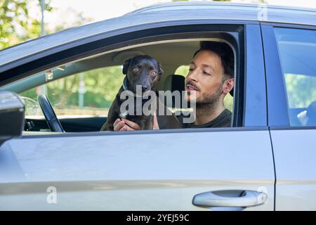 Schuss eines hübschen jungen Mannes, der mit seinem Hund fährt. Stockfoto