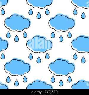 Wolken und Tropfen nahtloses Muster mit blauer Füllung nicht entlang der Kontur. Regnerische Hintergrundstruktur. Isolierte Vektor-Illustration Wrapping, Hintergrundbild oder Web-Promo, Poster, Banner, Karten, Preis, Beschriftung Stock Vektor