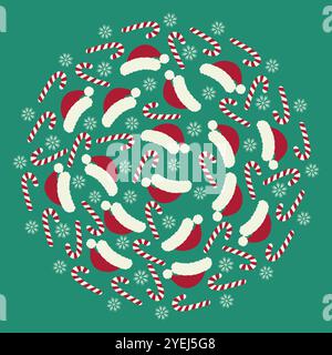 Gestreifte Bonbonbons, Weihnachtsmützen und Schneeflocken Weihnachtsrunde festliche bunte Hintergrundstruktur. Isolierte Vektor-Illustration Grußkarten, Poster, Flugblätter, Banner, Preis, Labels oder Web-Werbeaktion Stock Vektor