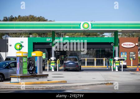 Eine BP-Tankstelle mit mehreren Kraftstoffpumpen, eine Vakuumstation und ein Wild Bean Café, in dem eine saubere und moderne Tankstelle am helllichten Tag präsentiert wird. Stockfoto