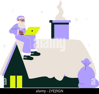 Weihnachtsmann sitzt auf dem Dach und überprüft Laptop mit einem Geschenksack in der Nähe in einer flachen Vektor-Illustration, die Feiertagslieferung, Weihnachtsvorbereitungen und symbolisiert Stock Vektor