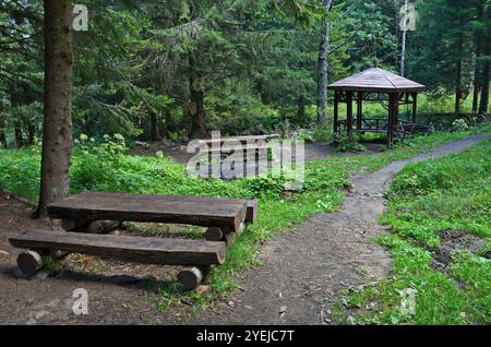 Eine gemütliche Ecke mit Nadelwald, Nische, Holztisch und Bänken zum Ausruhen auf einer Wiese im Bereich der Goldenen Brücken in den Vitosha Bergen Stockfoto