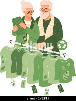 Glückliches Paar älterer Frauen und Männer. Nachhaltige Mode, umweltfreundliche Bekleidung. Niedliche Käufer wählen im Angebot modische Kleidung Pullover hergestellt Stock Vektor