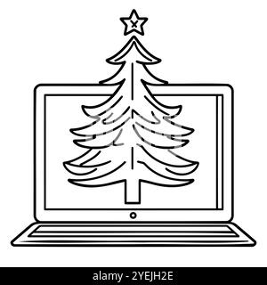 Weihnachtsbaum auf dem Laptop-Bildschirm mit einem Stern auf der Oberseite, der virtuelle Feiertage darstellt Stock Vektor