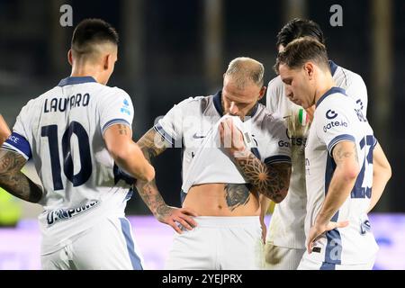 Lautaro Martinez, Federico Dimarco, Alessandro Bastoni und Nicolo Barella vom FC Internazionale während des Fußballspiels Serie A zwischen Empoli FC und FC Internazionale im Carlo Castellani Stadion in Empoli (Italien) am 30. Oktober 2024. Stockfoto