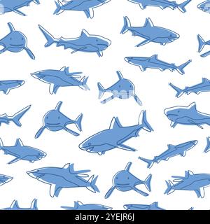 Nahtloses Kindermuster mit blauen Haien und ihren Linien auf weißem Hintergrund Stock Vektor