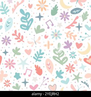 Niedliches nahtloses Muster mit niedlichen pastellfarbenen Elementen wie Blättern, Pflanzen, Sternen, Punkten auf weißem Hintergrund Stock Vektor