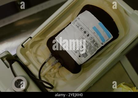 Nahaufnahme mit gefülltem Blutspendebeutel mit angebrachten Röhrchen, die mit medizinischen Informationen gekennzeichnet sind und während des Krankenhauseinsatzes in einem Behälter sitzen Stockfoto