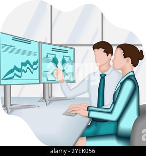Mann und Frau studieren die Berichte, um Probleme im Entscheidungsprozess zu identifizieren und zu verstehen. Geschäftskonzept. 2D-Vektordarstellung. Stock Vektor