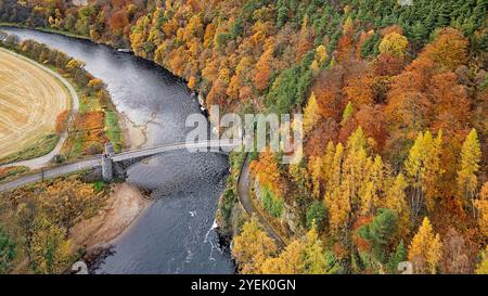 Craigellachie Moray Scotland die Birken- und Buchen-Bäume in lebhaften Herbstfarben und die Thomas Telford Bridge über den River Spey Stockfoto