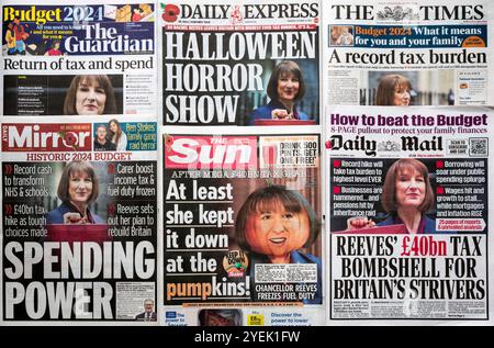 31. Oktober 2024. Eine Auswahl von Schlagzeilen auf der Titelseite der Zeitung folgt dem ersten Haushalt der Labour-Regierung und der Finanzkanzlerin Rachel Reeves. Stockfoto