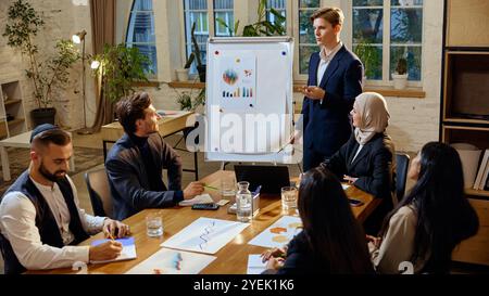 Junger Mann erläutert den verschiedenen Teams globale Marktdaten und stellt anhand eines Flipcharts detaillierte Diagramme und Trends in der Besprechung vor. Stockfoto