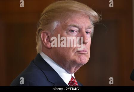 US-Präsident Donald Trump beobachtet, wie Japans Ministerpräsident Shinzo Abe während einer gemeinsamen Pressekonferenz im East Room des weißen Hauses in W spricht Stockfoto