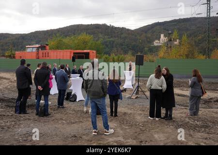 Lahnstein, Deutschland. 31. Oktober 2024. Ein Güterzug passiert die Baustelle einer Lärmschutzmauer an der Rheinstrecke bei Lahnstein. Die Eisenbahn baut hier insgesamt 27 Kilometer neue Lärmschutzwände. Quelle: Thomas Frey/dpa/Alamy Live News Stockfoto