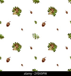 Wunderschönes nahtloses Aquarellmuster. Eichenblätter und Früchte. Eicheln. Komposition in realistischem Stil mit Grün-, Braun- und Beigetönen. Handgezeichnete Herbstblätter. Ideal für saisonale Designs, Einladungen und Kunstprojekte, die die Schönheit des Herbstes feiern. Stockfoto