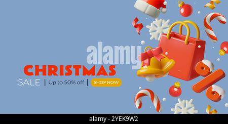 Hintergrund zu Weihnachten und Neujahr. Rote 3D realistische Einkaufstasche, Weihnachtsglocken und süße weiße Schneeflocken. Festliches Werbebanner für den Winter. Ve Stock Vektor