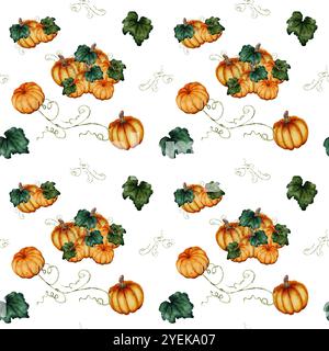 Nahtloses Aquarellmuster mit Kürbissen und Blättern. Weißer Hintergrund, realistischer Stil. Zum Bedrucken von Textilien, Stoffen, Karten und Design Stockfoto