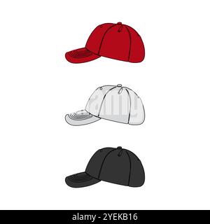Baseball-farbene Kappen. Einzeilige Art. Sportmütze. Reiseaccessoires, Wanderbekleidung. Handgezeichnete Vektorgrafik. Stock Vektor