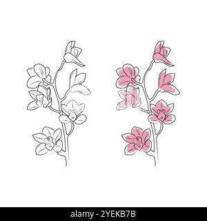 Rosafarbene Orchidee. Tropische Blume. Strichgrafik. Handgezeichnete Vektorgrafik. Stock Vektor