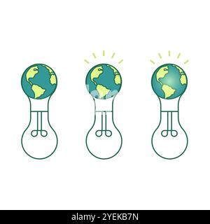 Glühlampe mit Erde im Inneren. Tag der Erde, Stunde. Energiesparkonzept. Vektorabbildung. Stock Vektor