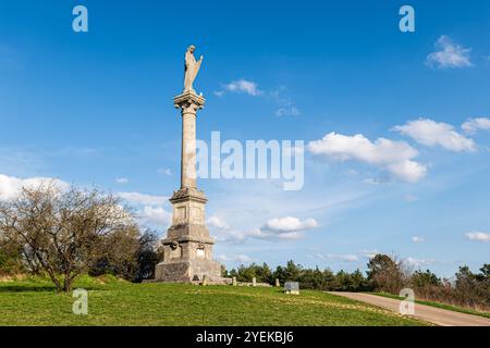 Statue von Notre-Dame-des-Vignes mit Blick auf das Dorf Neuville-sur-seine (Nordosten Frankreichs). Die 23 Meter hohe Statue zeigt die Muttergottes Holdin Stockfoto