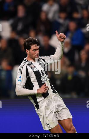 Juventus’ Dusan Vlahovic Gesten während des Spiels der Serie A zwischen Juventus FC und Parma Calcio im Juventus-Stadion am 30. Oktober 2024 in Turin, Ital Stockfoto