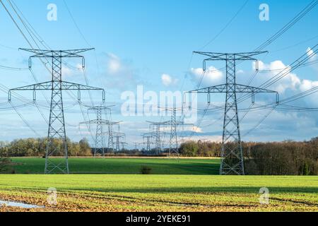 Ultrahochspannungsmasten auf dem Land, Illustration der elektrischen Übertragung, hoch- und sehr-Hochspannungsleitungen, Strommasten Stockfoto