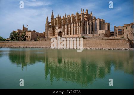 Kathedrale Santa Maria von Palma, La Seu, mit Blick auf den See davor. Palma de Mallorca, Spanien Stockfoto