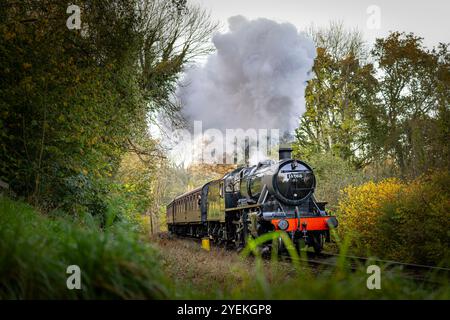 Vorne tiefer Blickwinkel einer alten britischen Dampflokomotive, die durch den Wald fährt und Dampf/Rauch aus dem Schornstein kommt. Stockfoto