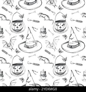 Halloween-Muster, Kürbiskorb, Fledermaus, Ratte, Tränke in Flaschen, Glücksbräuche, Hexenhut. Alle Objekte werden von Hand mit Tinte gezeichnet und übertragen Stock Vektor