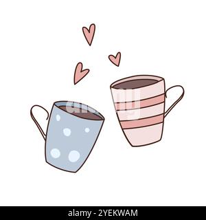 Hand gezeichnete paar heiße Tassen mit Herzen Valentinstag Kritzelvektor Illustration. Stock Vektor