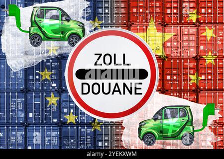 FOTOMONTAGE, Container mit chinesischer und europäischer Fahne, E-Autos und Zoll-Schild, Symbolfoto Strafzölle der EU auf chinesische E-Autos *** FOTOMONTAGE, Container mit chinesischer und europäischer Flagge, E-Autos und Zollschild, symbolisches Foto der EU-Strafzölle auf chinesische E-Autos Stockfoto