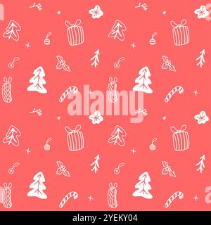 Von Hand gezeichnetes nahtloses Weihnachtsmuster im Doodle-Stil. Rote und schwarze Farben auf weißem Hintergrund. Stock Vektor