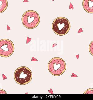 Schokoladen-Donuts zum Valentinstag und rosafarbenes Herz-Muster. Süße romantische 14. Februar Liebe endlose Hintergründe. Stock Vektor