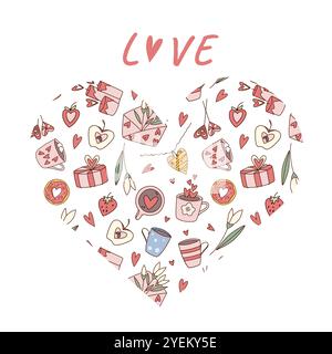 Valentinstag Herzmuster und handgezeichneter Love-Schriftzug. Grußkartenabdeckung. Stock Vektor