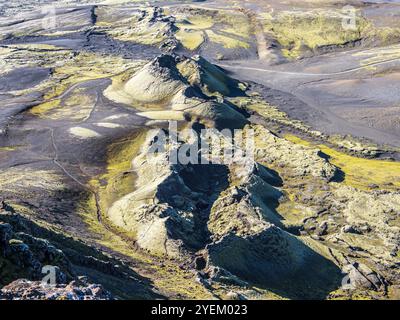 Moosbedeckter Laki-Krater oder Lakagígar, eine Reihe von Kratern, im Inneren des Hochlands Islands, Suðurland, Island Stockfoto