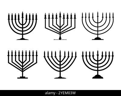 Happy Hanukkah, Menorah-Ikonen auf weißem Hintergrund. Menora mit neun Kerzen ist ein Symbol des jüdischen Feiertags. Brennende Kerzen. Design für h Stock Vektor