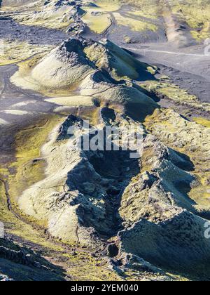 Moosbedeckter Laki-Krater oder Lakagígar, eine Reihe von Kratern, im Inneren des Hochlands Islands, Suðurland, Island Stockfoto