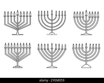 Happy Hanukkah, Menorah-Ikonen auf weißem Hintergrund. Menora mit neun Kerzen ist ein Symbol des jüdischen Feiertags. Brennende Kerzen. Design für h Stock Vektor
