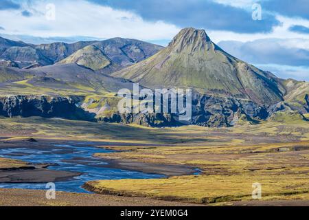 Skafta River und Uxatindar Gebirgszug, Blick von der F206, Laki Touristenstraße, Island Stockfoto