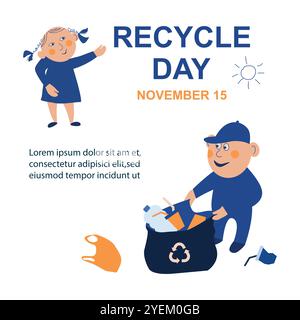 Die Leute räumen den Müll im Park auf. Konzept des Kunststoffrecyclings. Banner, Poster, soziale Medien. Tag Des Recyclings. Stock Vektor