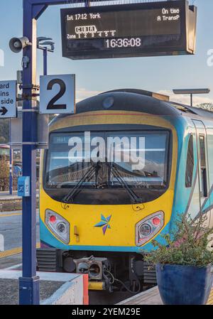 Eine Nahaufnahme einer Lokomotive, die unter einem Informationsschirm an einem Bahnsteig steht. Eine Topfpflanze steht im Vordergrund, zusammen mit einem Stachelstab Stockfoto