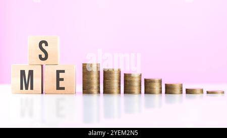 SME written on a wooden block with stacked coins on the table. Financial growth for small and medium-sized enterprises, highlighting the importance of Stockfoto