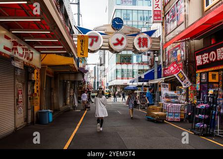 Tokio, Japan - 6. August 2024: Ameyoko, ein lebhafter Straßenmarkt in Ueno, Tokio, bietet geschäftige Geschäfte, Imbissstände und lokale Waren. Aufnahme der liv Stockfoto