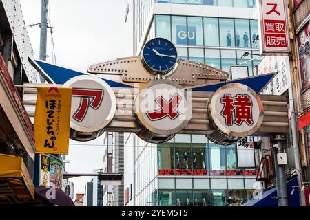 Tokio, Japan - 6. August 2024: Ameyoko, ein lebhafter Straßenmarkt in Ueno, Tokio, bietet geschäftige Geschäfte, Imbissstände und lokale Waren. Aufnahme der liv Stockfoto