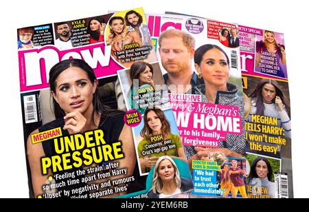 Meghan Markle Schlagzeilen - Frauen-Klatsch-Magazine mit der Herzogin von Sussex aus der britischen Königsfamilie sowie Ehemann HRH Prinz Harry. Stockfoto