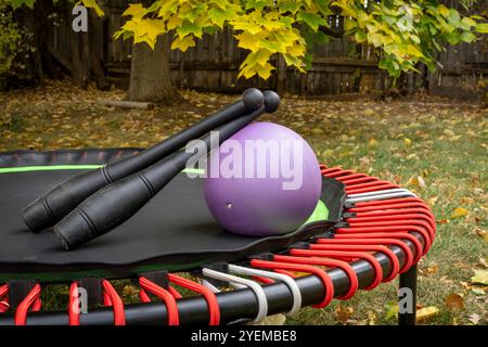 Rebounding-Trampolin mit zwei indischen Clubs und einem kleinen Medizinball in einer herbstlichen Landschaft im Hinterhof Stockfoto