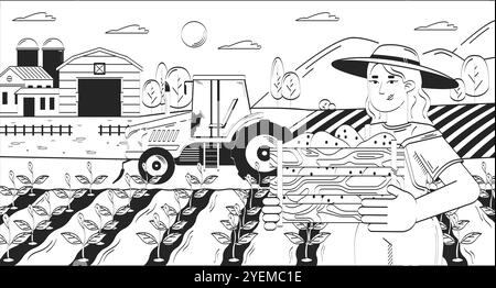 Farmerin sammelt Ernte auf einer linearen Illustration Stock Vektor